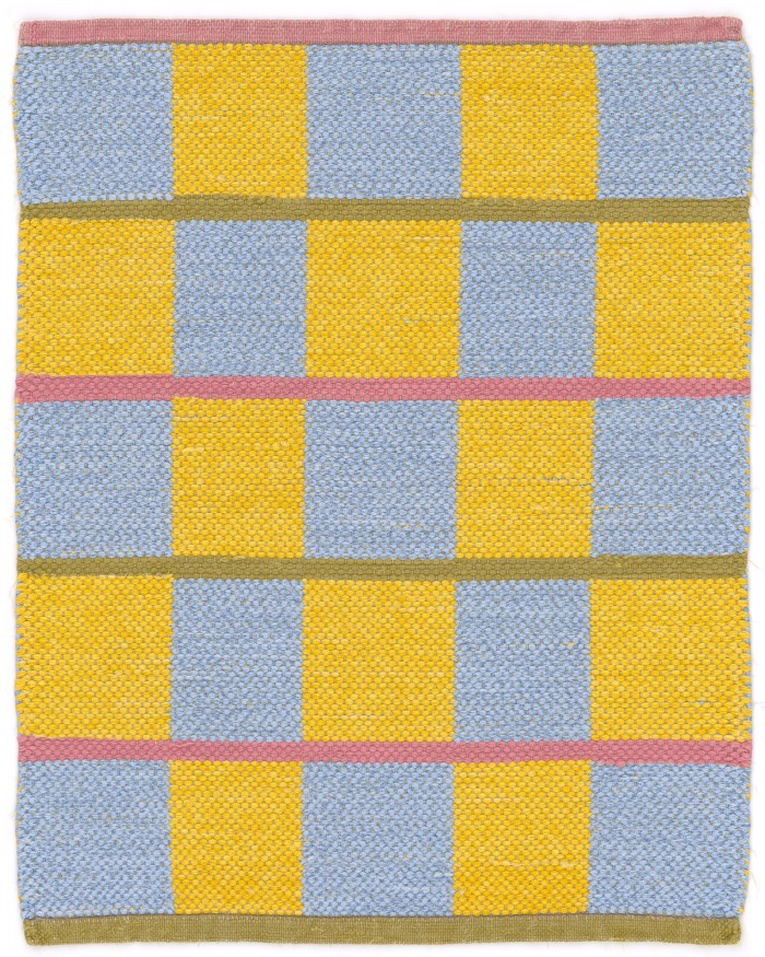Rag Tiles - handwoven rug with cotton fabric strips on linen warp by Nancy Kennedy